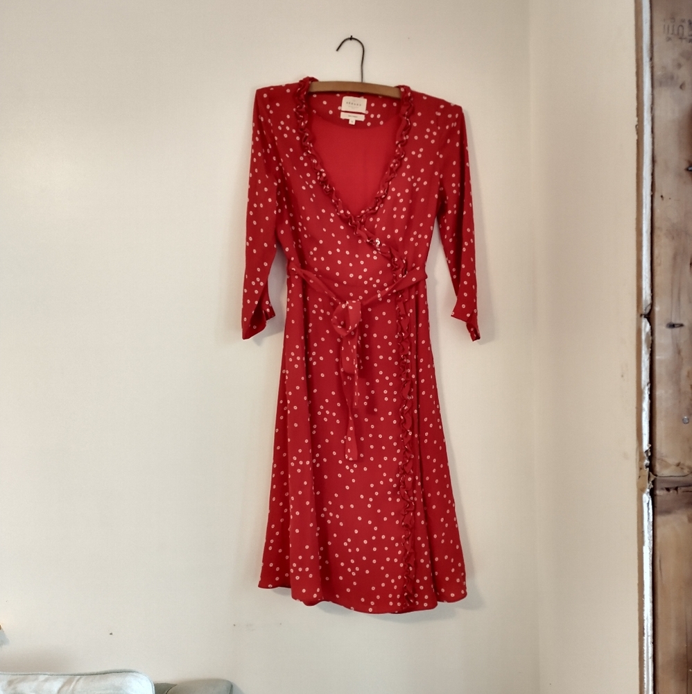 Sezane "Betty" red silk daisy print dress, size 38